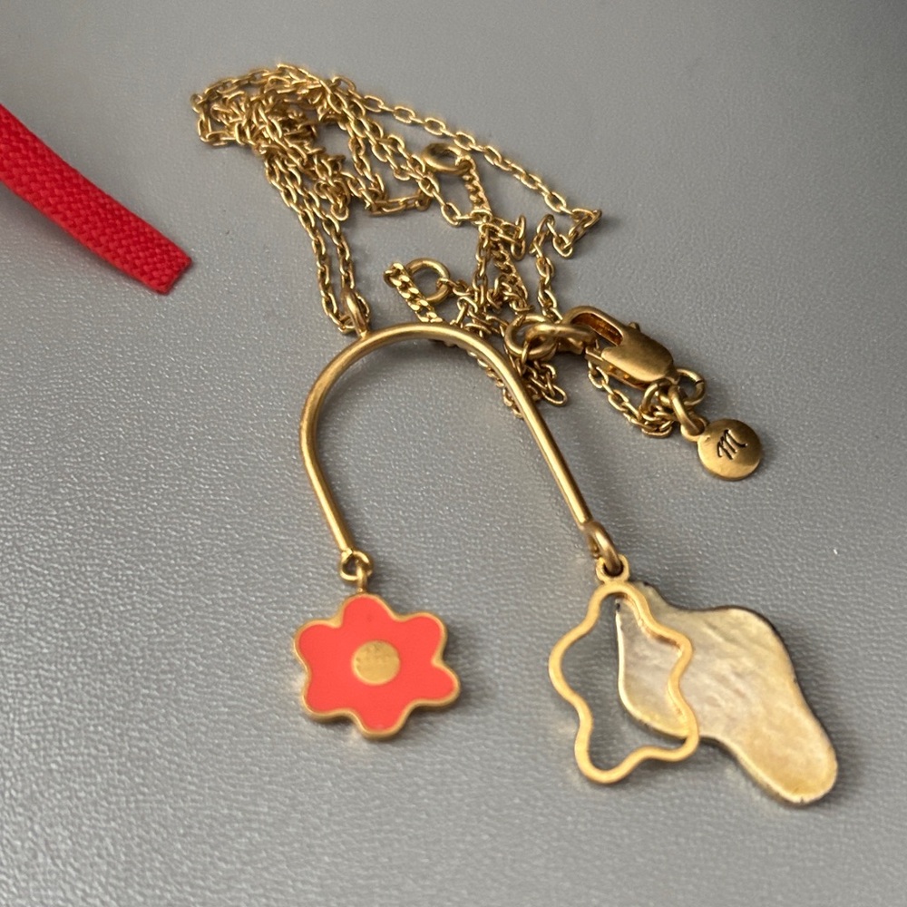Madewell Gold and Red Floral Pendant Necklace
